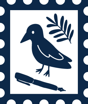 An illustration containing a raven, a sprig of rosemary, and a fountain pen inside of a postage stamp frame.